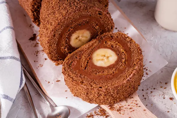 Banana Chocolate Swiss Roll Cake, Sponge Roll with Chocolate Filling and Banana