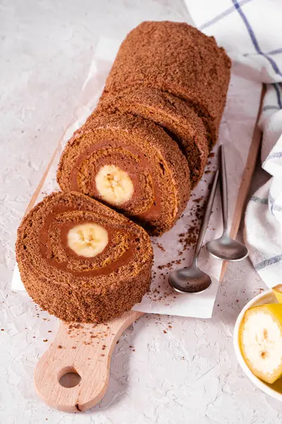 Banana Chocolate Swiss Roll Cake, Sponge Roll with Chocolate Filling and Banana