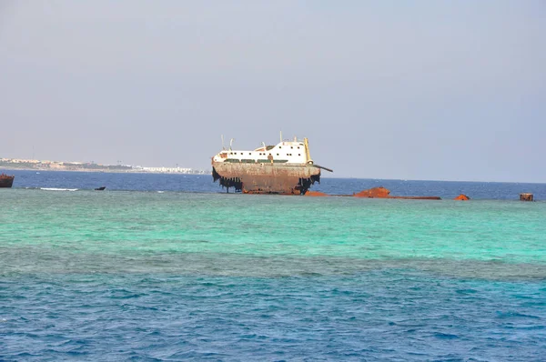 The sunken ship Lara near the island of Tiran is a landmark of the Sharm El Sheikh resort. Egypt, Red Sea.