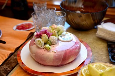 Beautiful and delicious cake presented on March 8 for World Women's Day.  Kharkov, Ukraine