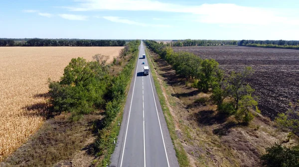 The route from Kharkov to Kupyansk from a bird\'s eye view.  Motorway in summer.  Drone photo.