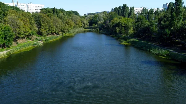 stock image A pond next to a spring on Northern Saltovka.  Drone photo of Kharkiv