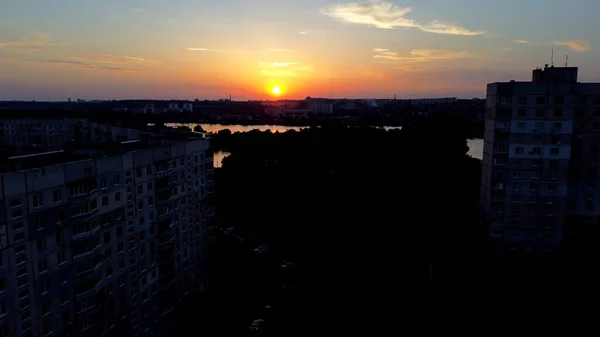 stock image Sunset in Kharkov on Saltovka overlooking the river