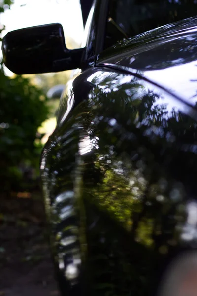 Вид Сбоку Старого Черного Автомобиля Красивым Отражением Растений — стоковое фото