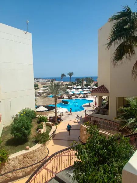 Hermosa Vista Del Hotel Egipcio Con Palmeras Flores Una Piscina — Foto de Stock
