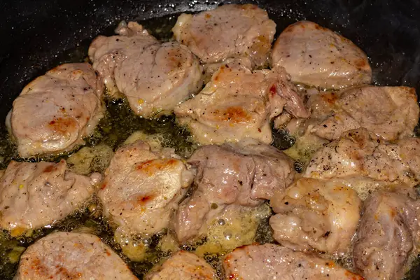 Pork Meat Fried Frying Pan — Stock Photo, Image