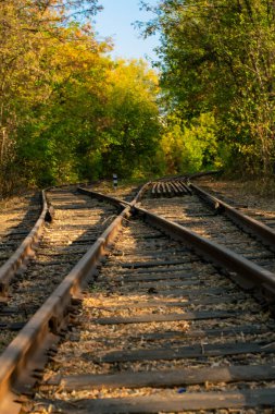 Sonbahar Kharkov 'un park alanındaki demiryolu rayları