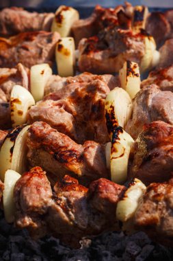 Izgarada sulu domuz şiş. Barbekü 'nün yaz aroması. Duman ve soğanlı Shashlik..
