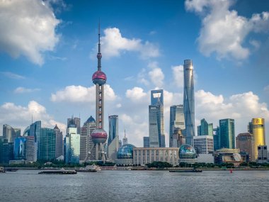 A view of Pudong from The Bund with the Pearl and modern architecture skyline.
