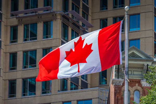 Ottawa Kanada 'da akçaağaç yaprağı kırmızı Kanada bayrağının yakın çekim görüntüsü