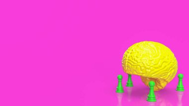 Pembe arka planda sarı beyin ve yeşil satranç 3D görüntüleme