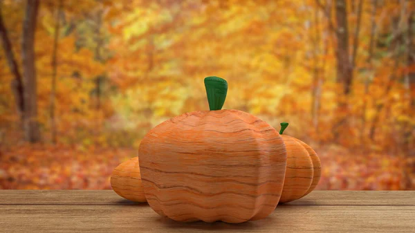 Dýně Dřevěný Stůl Podzim Lesní Pozadí Vykreslování — Stock fotografie