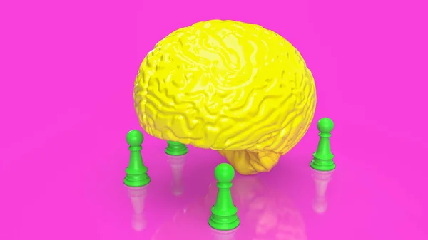 Żółty Mózg Zielone Szachy Różowym Tle Renderowania — Zdjęcie stockowe
