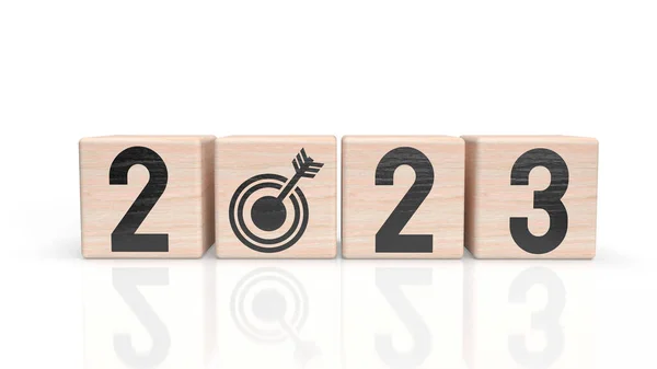 2023 Número Cubo Madeira Para Renderização Ano Novo Conceito Negócio — Fotografia de Stock