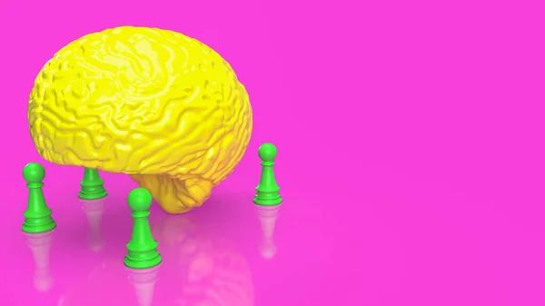 Gelbes Gehirn Und Grünes Schach Auf Rosa Hintergrund Rendering — Stockfoto