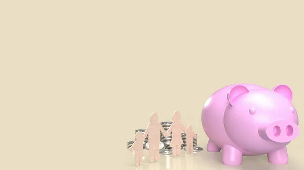 ピンクの貯金箱と家族の木のカット3Dレンダリング — ストック写真