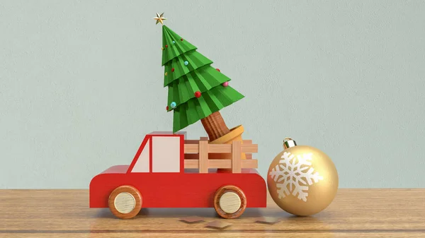 Árbol Navidad Camión Madera Mesa Madera Renderizado — Foto de Stock