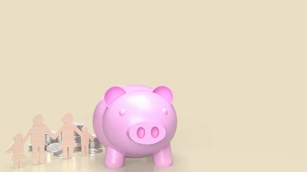 Roze Spaarvarken Bank Familie Hout Gesneden Rendering — Stockfoto