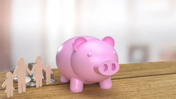 Pink Piggy Bank Family Wood Cut Wood Table Renderin — Stock Photo, Image