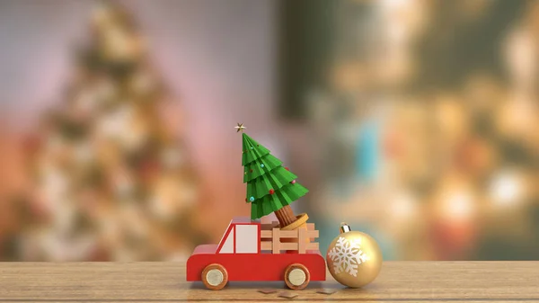 木製のテーブルの上に木のトラックでクリスマスツリー3Dレンダリング — ストック写真