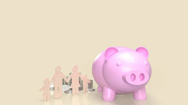 ピンクの貯金箱と家族の木のカット3Dレンダリング — ストック写真