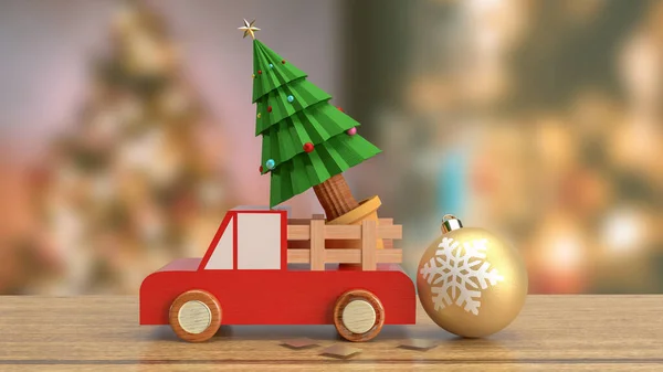 Christmas tree in wood truck on wood table  3d rendering