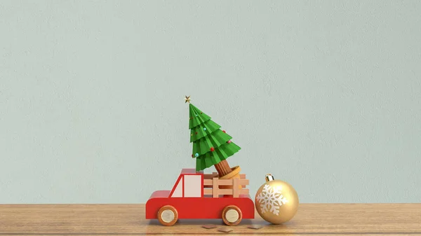 Christmas tree in wood truck on wood table  3d rendering