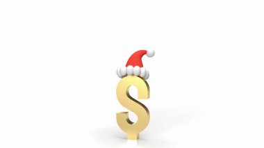 Altın dolar sembolü ve beyaz arka planda Noel Baba şapkası. 