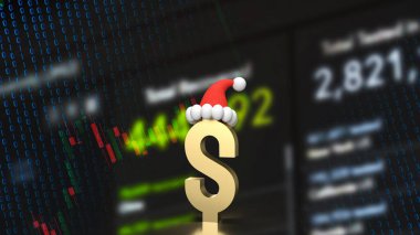 Altın dolar sembolü ve iş geçmişinde Noel Baba şapkası 3D görüntüleme 