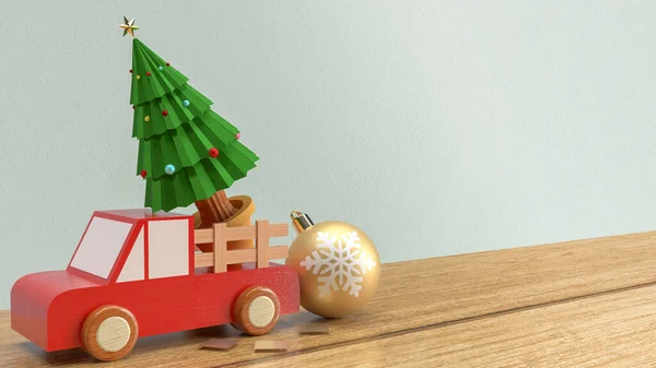 木製のテーブルの上に木のトラックでクリスマスツリー3Dレンダリング — ストック写真