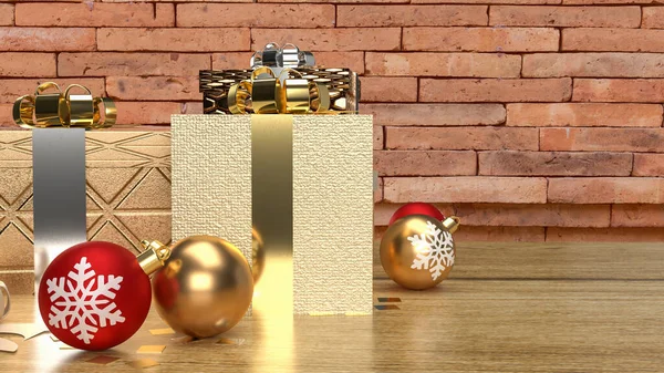 Ajándék Doboz Karácsonyi Labda Asztalra Ünneplés Koncepció Renderelés — Stock Fotó