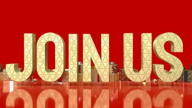 Altın bize katılıyor ve kırmızı zemin üzerinde hediye kutusu 3D görüntüleme