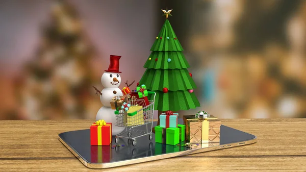 Árbol Navidad Hombre Nieve Tableta Para Concepto Publicidad Renderizado — Foto de Stock