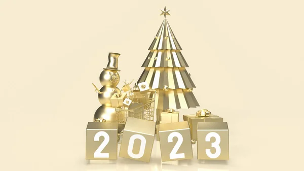 2023 Χρυσός Κύβος Και Χριστουγεννιάτικο Δέντρο Για Διαφήμιση Έννοια Απόδοση — Φωτογραφία Αρχείου