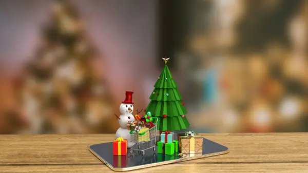 Різдвяна Ялинка Снігова Людина Планшеті Рекламної Концепції Рендеринга — стокове фото