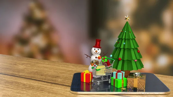 Árbol Navidad Hombre Nieve Tableta Para Concepto Publicidad Renderizado — Foto de Stock