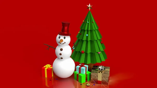 Muñeco Nieve Árbol Navidad Sobre Fondo Rojo Renderizado —  Fotos de Stock