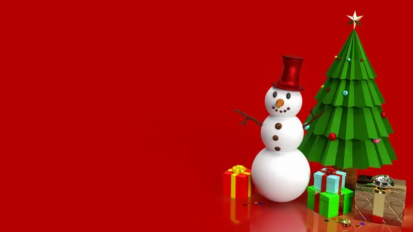 Χιονάνθρωπος Και Χριστουγεννιάτικο Δέντρο Κόκκινο Φόντο Απόδοση — Φωτογραφία Αρχείου