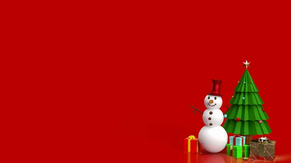 Muñeco Nieve Árbol Navidad Sobre Fondo Rojo Renderizado —  Fotos de Stock