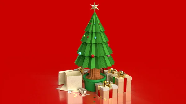 Árbol Navidad Caja Regalo Sobre Fondo Rojo Para Concepto Vacaciones — Foto de Stock