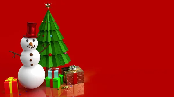 红色背景的雪人和圣诞树3D渲染 — 图库照片