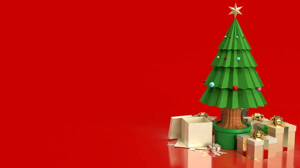 Árvore Natal Caixa Presente Fundo Vermelho Para Conceito Férias Renderização — Fotografia de Stock