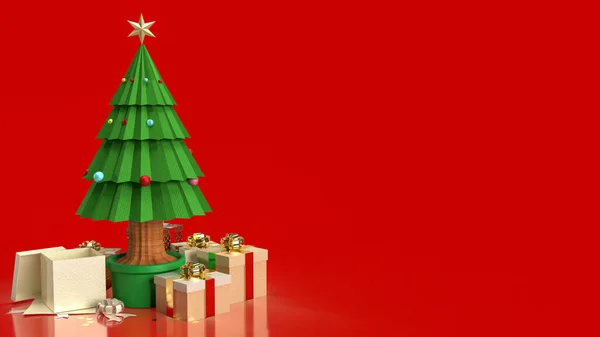 Noel Ağacı Hediye Kutusu Tatil Konsepti Için Kırmızı Arka Planda — Stok fotoğraf