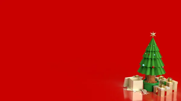 Χριστουγεννιάτικο Δέντρο Και Κουτί Δώρου Κόκκινο Φόντο Για Τις Διακοπές — Φωτογραφία Αρχείου