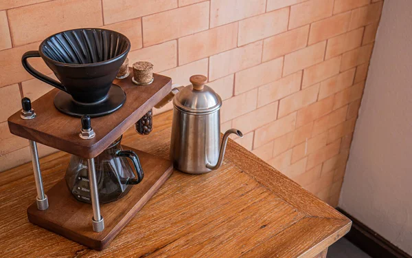 Kaffeezubehör Auf Holztisch Für Speisen Oder Heißgetränke — Stockfoto