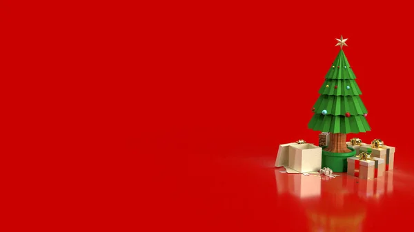 Χριστουγεννιάτικο Δέντρο Και Κουτί Δώρου Κόκκινο Φόντο Για Τις Διακοπές — Φωτογραφία Αρχείου
