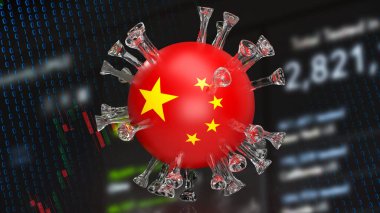 Virüs ve Çin bayrağı tıbbi ya da bilim konsepti 3D görüntüleme