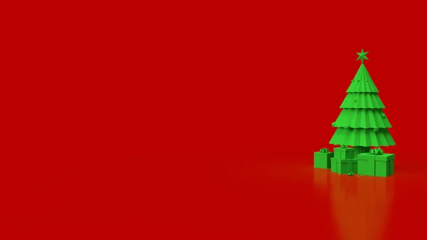 Πράσινο Χριστουγεννιάτικο Δέντρο Κόκκινο Φόντο Για Τις Διακοπές Έννοια Απόδοση — Φωτογραφία Αρχείου