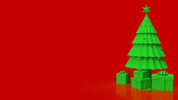 Πράσινο Χριστουγεννιάτικο Δέντρο Κόκκινο Φόντο Για Τις Διακοπές Έννοια Απόδοση — Φωτογραφία Αρχείου