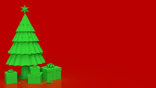 Albero Natale Verde Sfondo Rosso Concetto Vacanza Rendering — Foto Stock